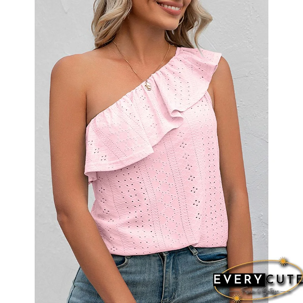 Pink Ruffled One Shoulder Tank Tops