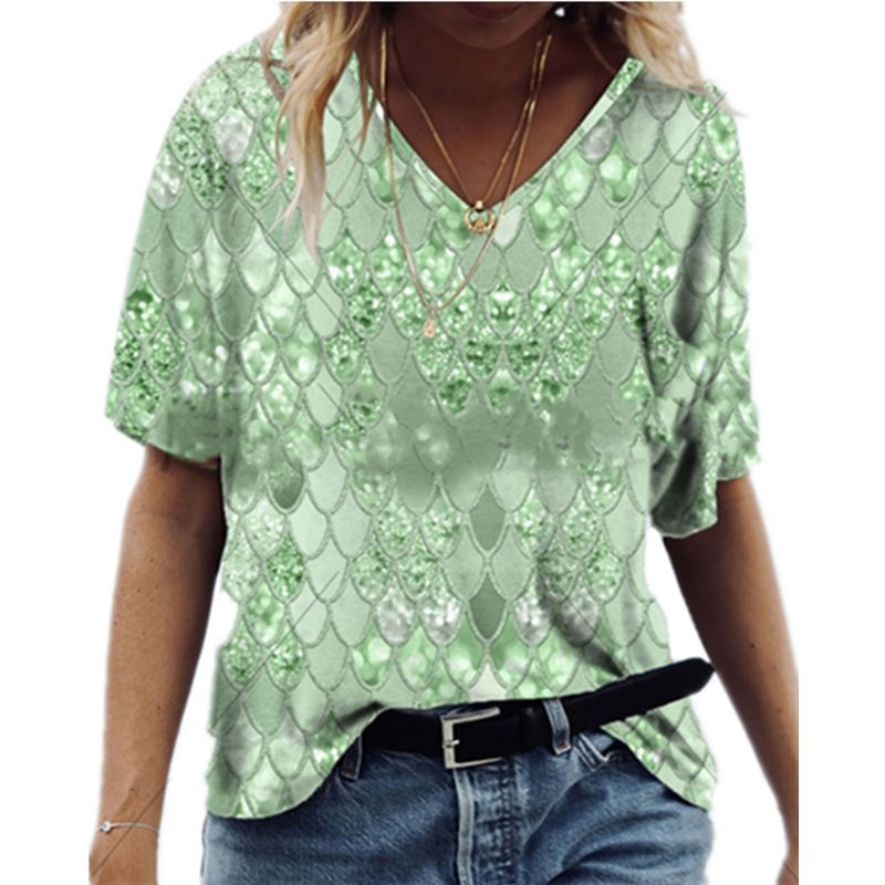 Summer Women's Printed Loose V-neck Short Sleeve T-shirt