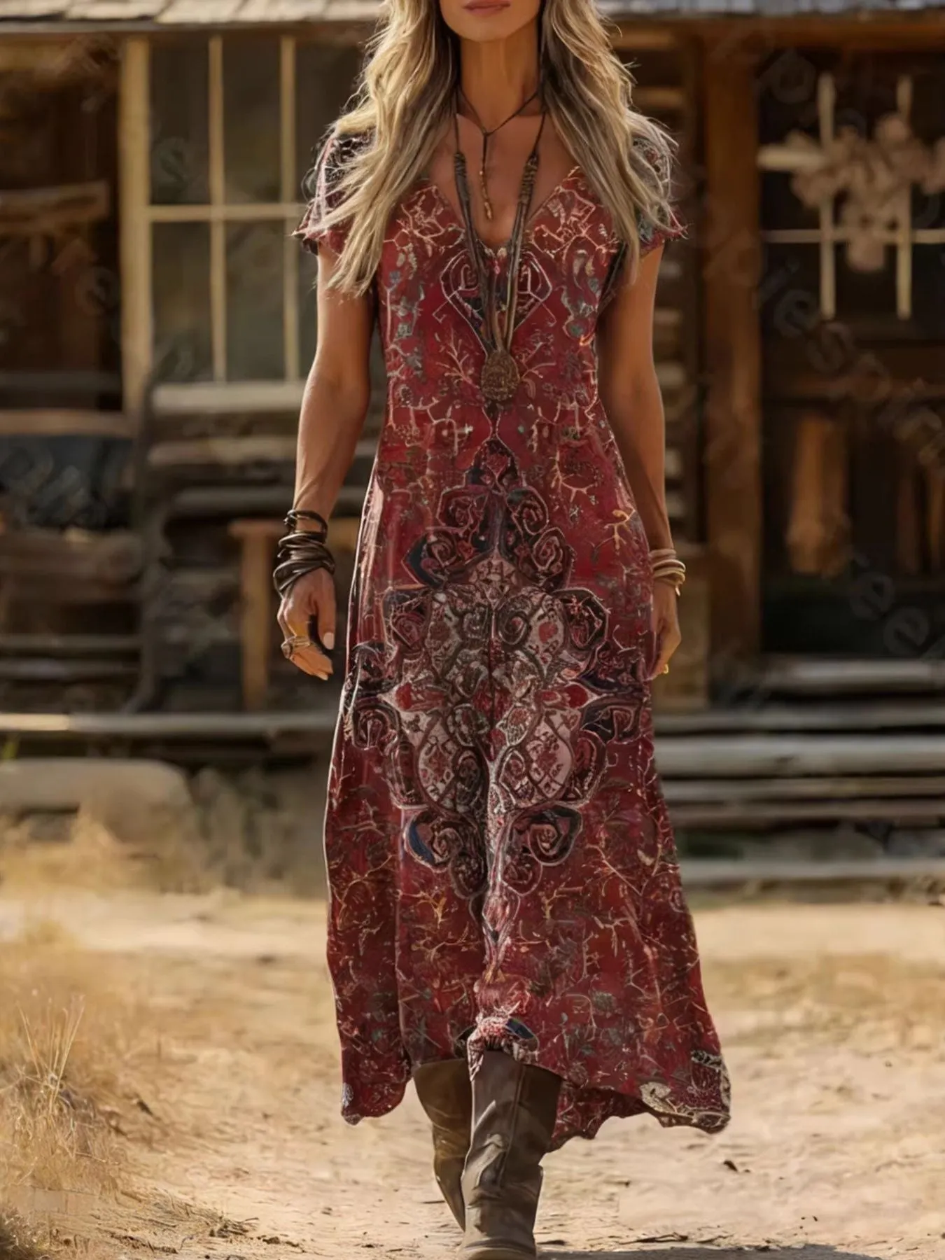 Printed V-Neck Short Sleeve Midi Dress mysite idetrend