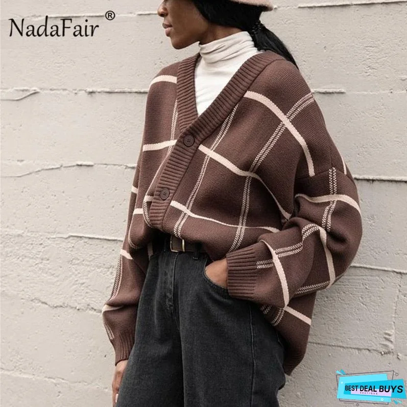 Christmas Gift Nadafair Plaid Cardigans Women V Neck Vintage Knitted Pullover Autumn Jumpers Winter Oversized Cardigan Ladies Sweaters Top Y2K
