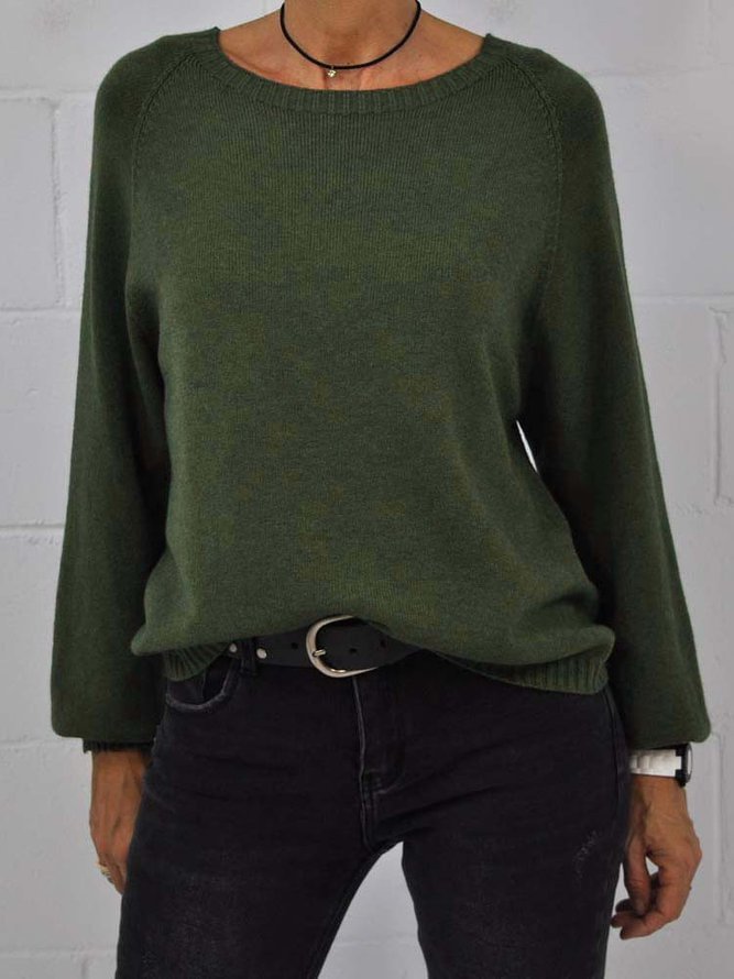 Green Raglan Sleeve Round Neck Solid Color Casual Sweater S229- Fabulory