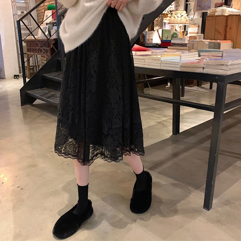 Black White Lace Midi Skirt Women Fashion 2022 Spring winter Korean Cute Elegant Office A-line Skirt Female Lady