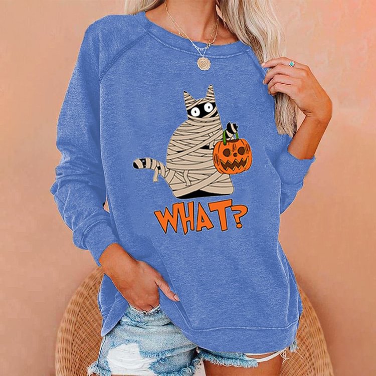 What Cat Print Crew Neck Casual Sweatshirt