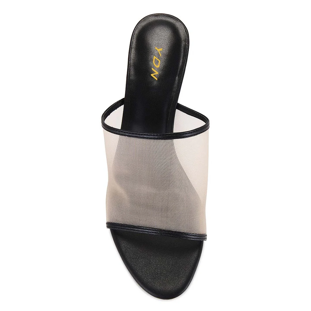 Black Mesh Open Round Toe Wedge Heel Slide Mules for Women