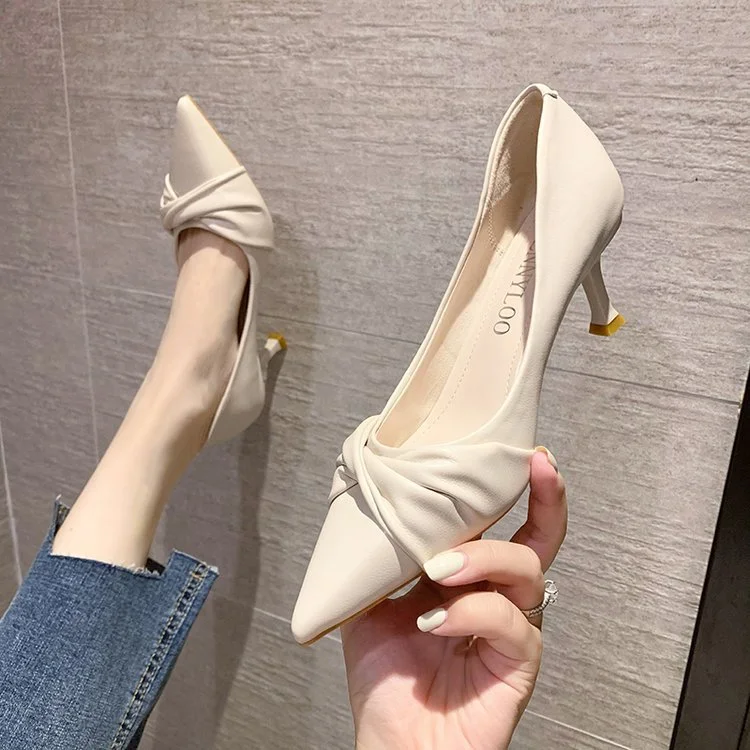 Wongn Wongn 2023 New Fashion Work Shoe Toe Fold Butterfly Bow Shallow High Heels Fine Heel Single Shoes Woman