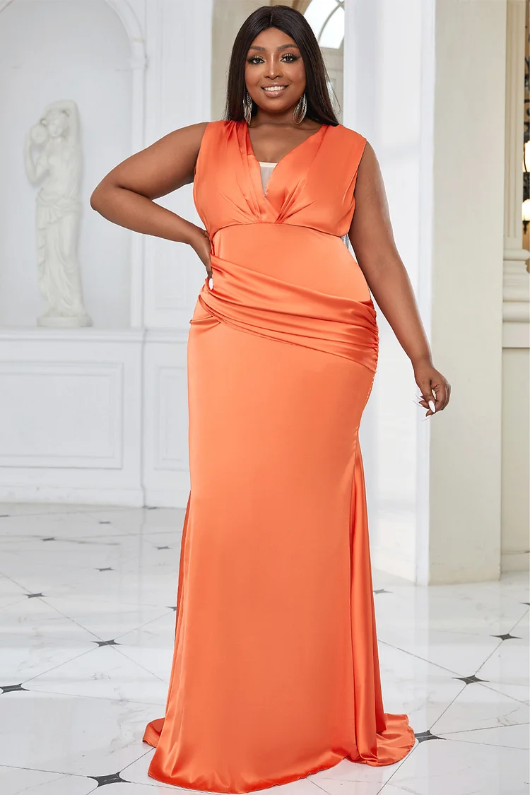 Xpluswear Design Plus Size Orange Formal Deep V Neck Wide Straps Ruched Maxi Dresses