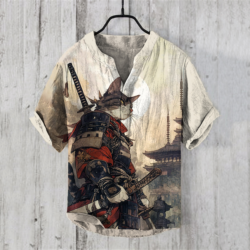 Vintage Samurai Cat Japanese Art Printing Linen Blend Shirt