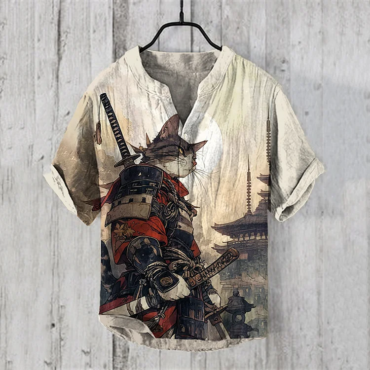Vintage Samurai Cat Japanese Art Printing Linen Blend Shirt