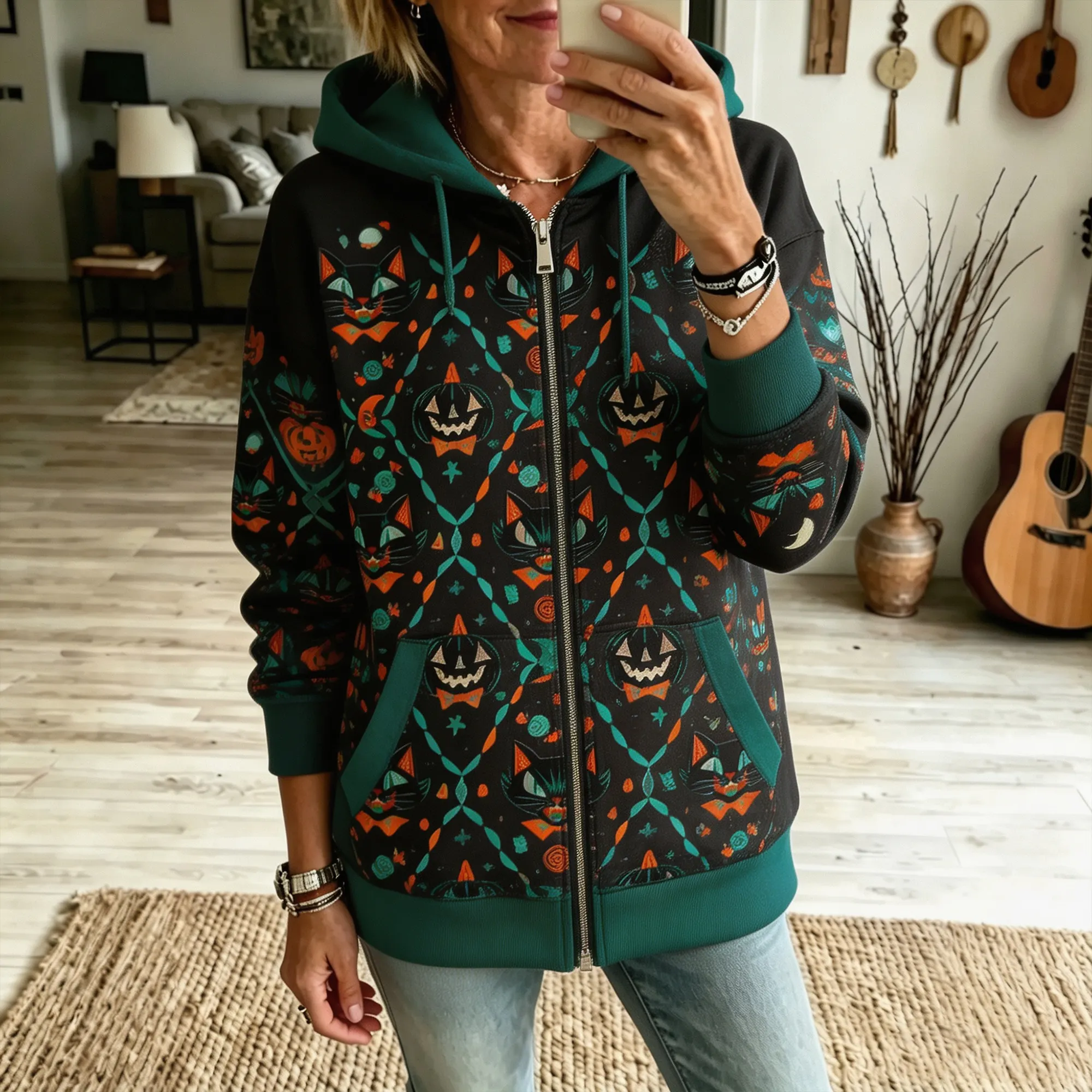 Comstylish Women's Retro Halloween Black Cat Pumpkin Print Loose Casual Zip-up Hooded Sweatshirt