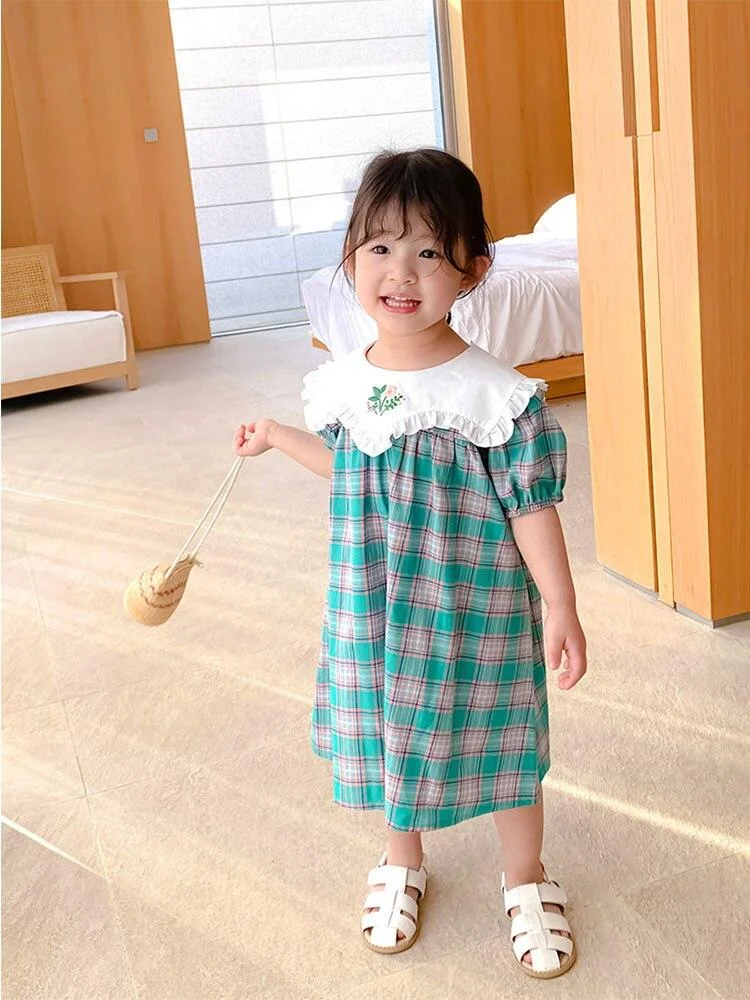 Green Floral Baby Spring Summer Girls Dress Kids Teenagers Children Clothes Outwear Special Occasion Short Sleeve High Quality
