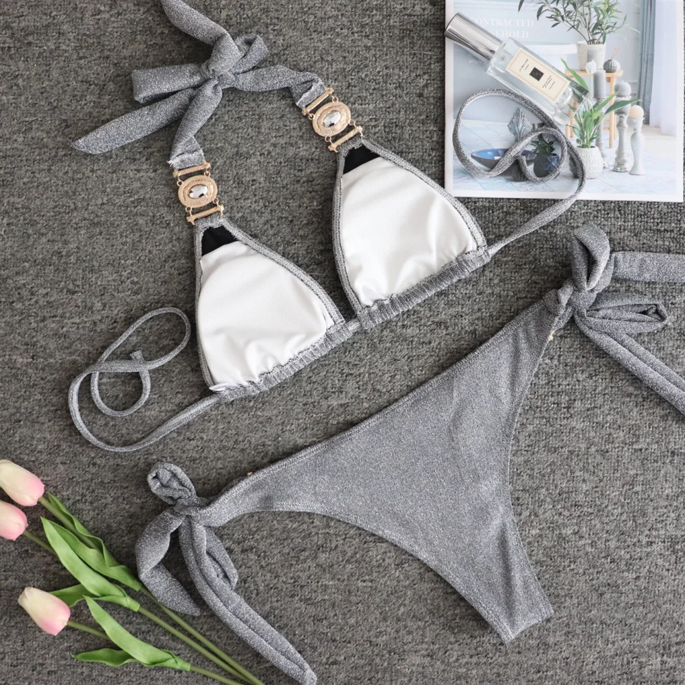 Uveng Uveng Sexy Shiny Special Fabric Swimwear Crystal Diamond Bikini Gold Straps Women's Swwear