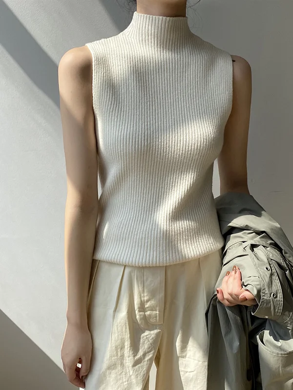 Solid Color Sleeveless Skinny High-Neck Vest Top Knitwear