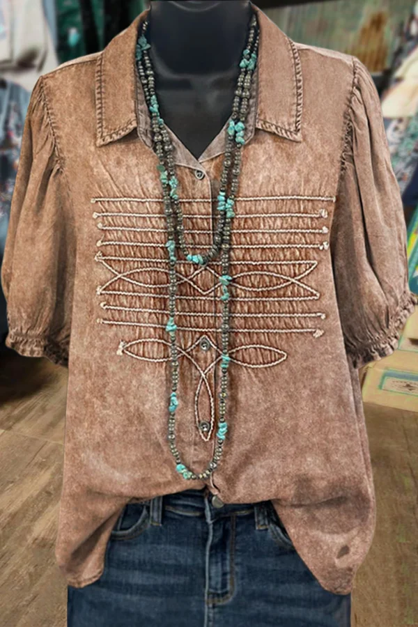Western Boots Print Puff Sleeve Top