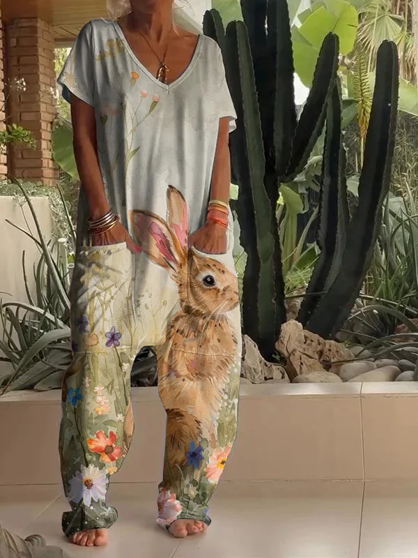 Casual Bunny Art Print V Neck Jumpsuit