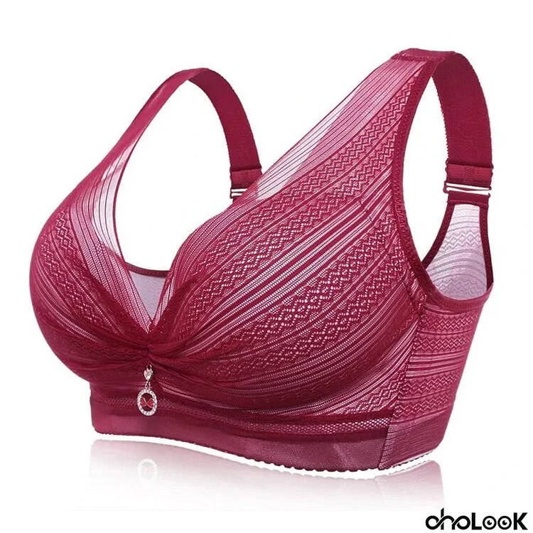 Plus Size Wireless Cotton Lining Wide Shoulder Straps Plunge Bras - Wine Red