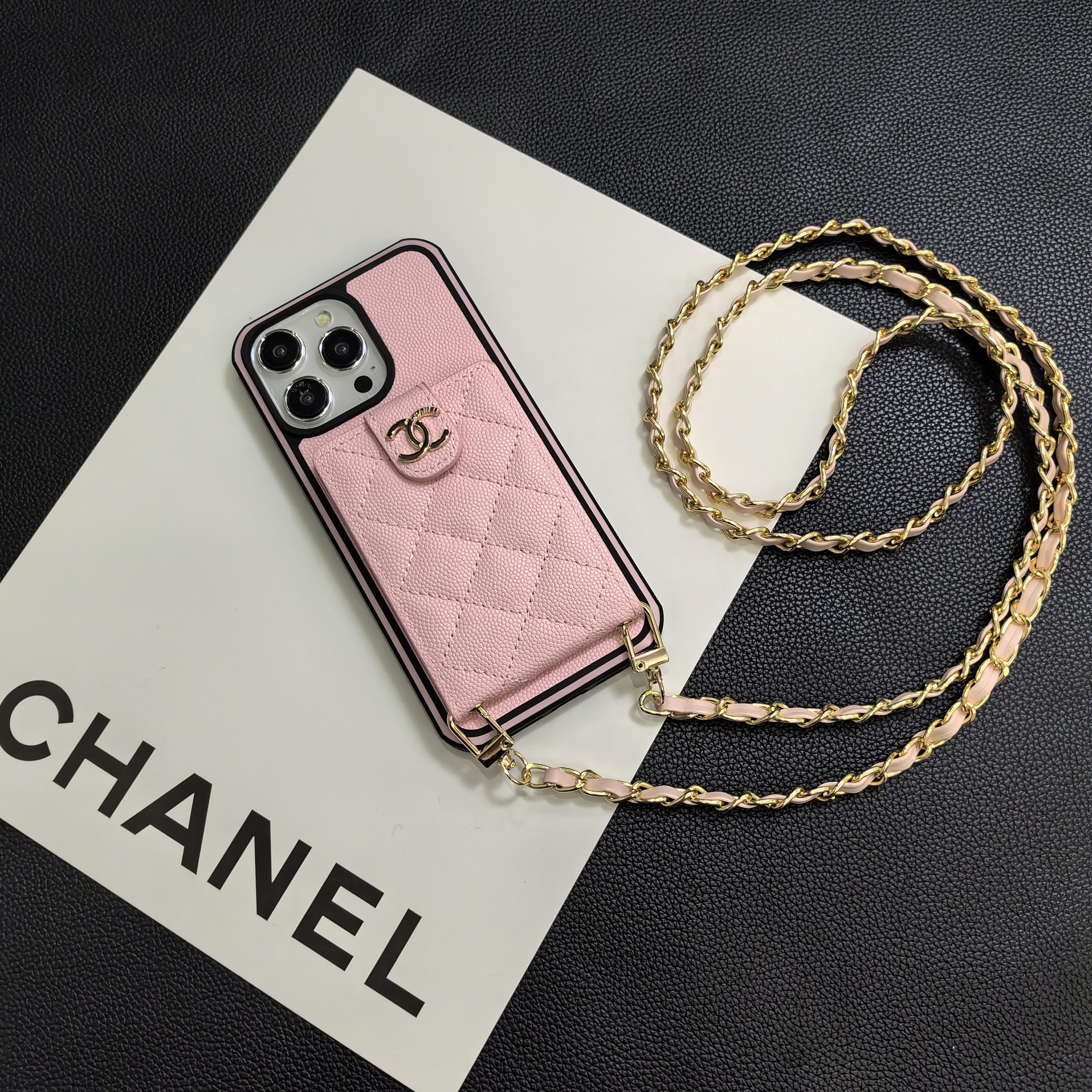 Luxurious Lambskin Chanel Button Card Holder iPhone Case Crossbody