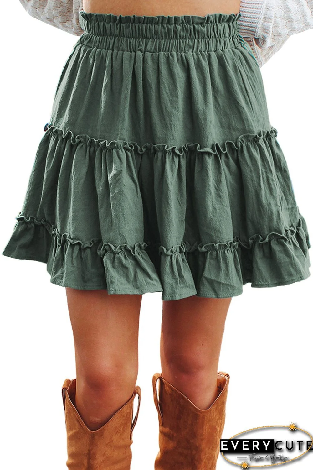 Green Tiered Ruffled Smocked High Waist Skirt