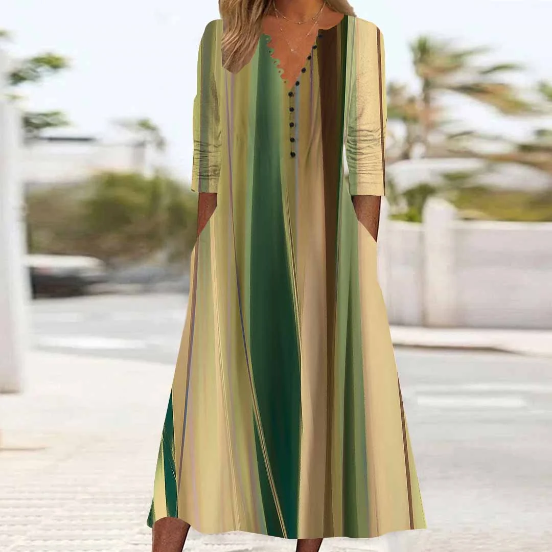 Women Striped,Green DZHB8287 Long Sleeve V-Neck Graphic Printed Midi Dress
