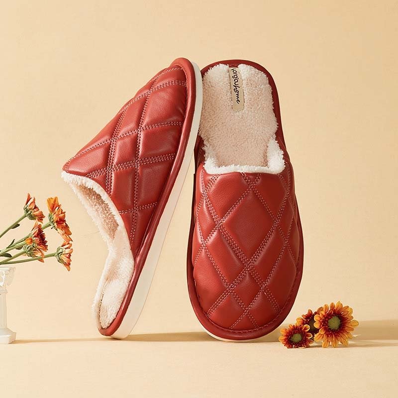 Letclo™ Winter Indoor Warm Silent Non-slip Soft Bottom PU Leather Couple Slippers letclo Letclo