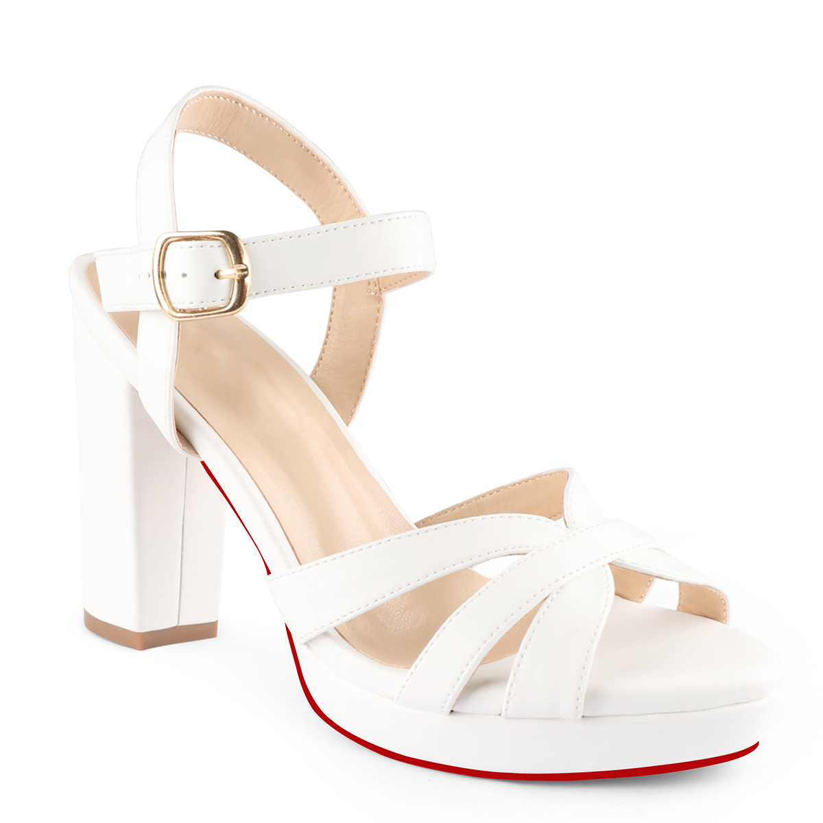 95mm Women's Red Bottom Platform Chunky Heels Ankle Strap Block Heeled Sandals Party Wedding Shoes-MERUMOTE