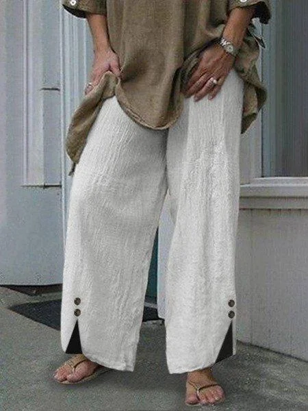 Autumn Vintage Botton Pantalon Femme Long Cotton-Linen Trousers
