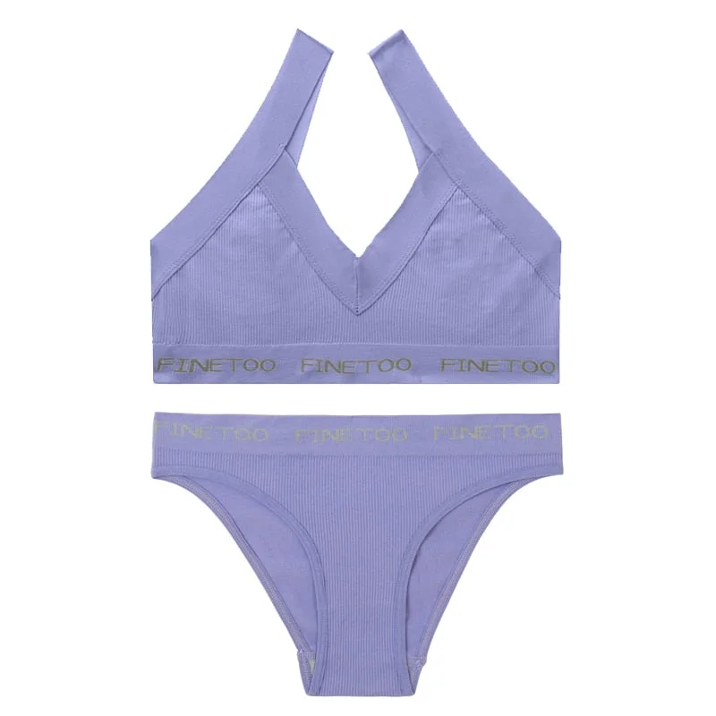FINETOO Seamless Bra Set Women Deep V Tops Fashion Letter Panties M-XL Ladies Underwear Suit Tube Top Female Briefs Lingerie Set