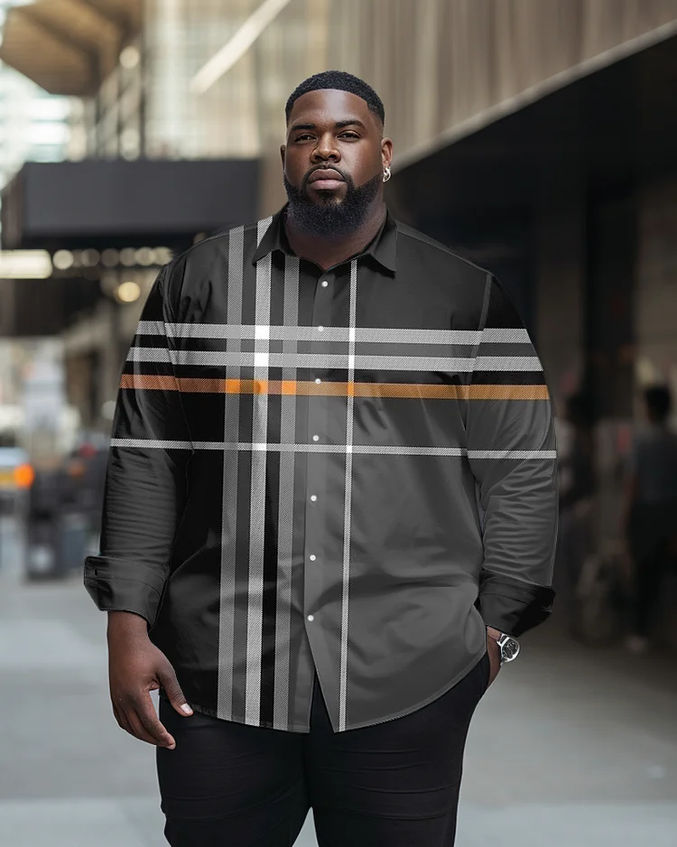 Men's Plus Size Business Casual Classic Plaid Lapel Long Sleeve Shirt