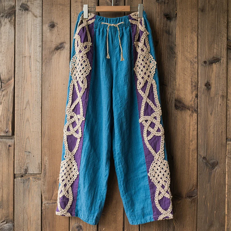 Women's Contrast Color Celtic Knot Lace Embroidery Art Comfort Casual Pants