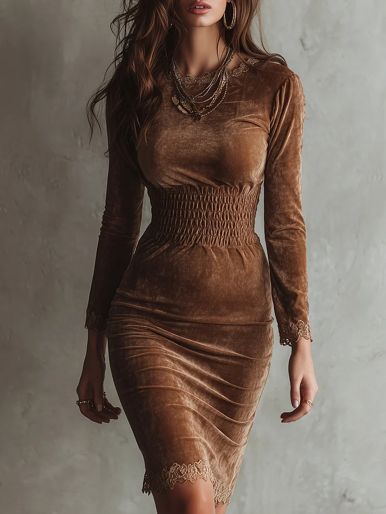 Brown Velvet Fitted Waist Lace Midi Dress