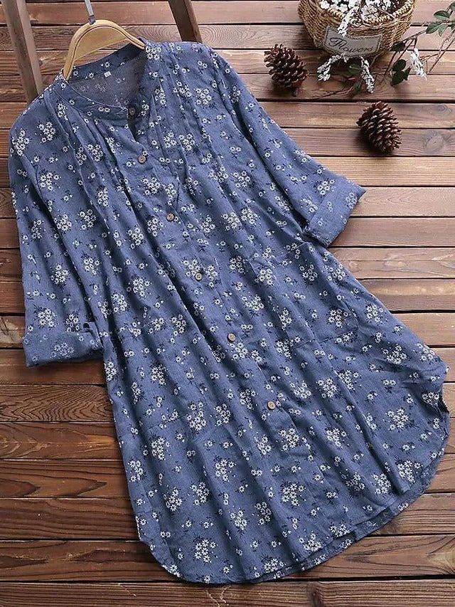 Polka Dot Cotton Linen Round Neck Print Tops