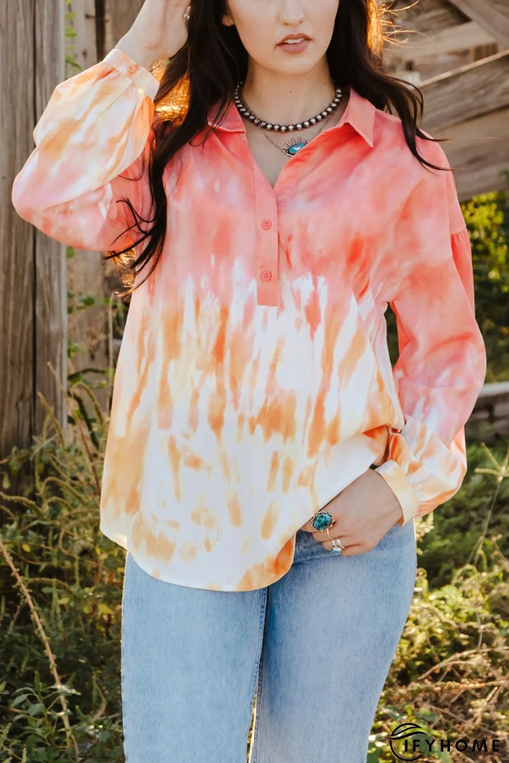 Red Tie Dye Print Lace-up Buttoned Henley Top | IFYHOME