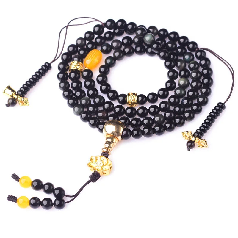 Black Obsidian Lotus 108 Beads Natural Fulfilment Mala Bracelet