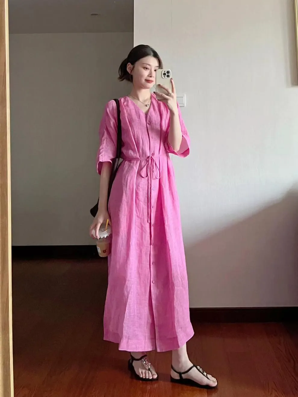 Elegant Solid Color Cotton Linen Dress