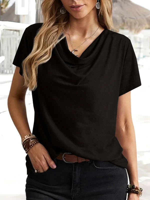 Loose Short Sleeves Solid Color U-Neck T-Shirts Tops