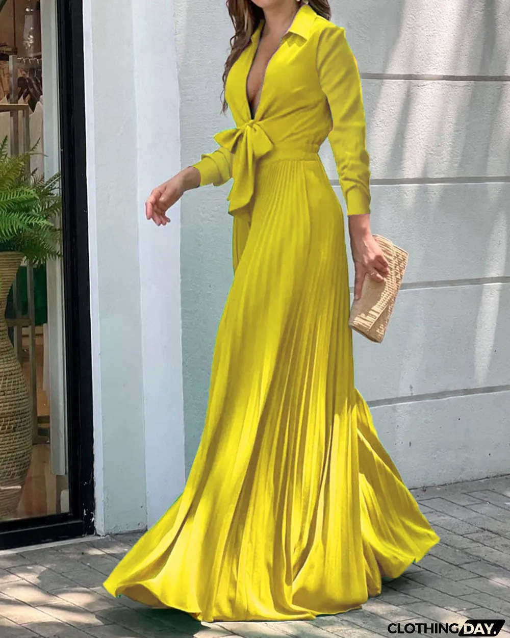 Women'S Fall Fashion V-Neck Long Sleeve Turndown Collar Loose Wide Leg Jumpsuit