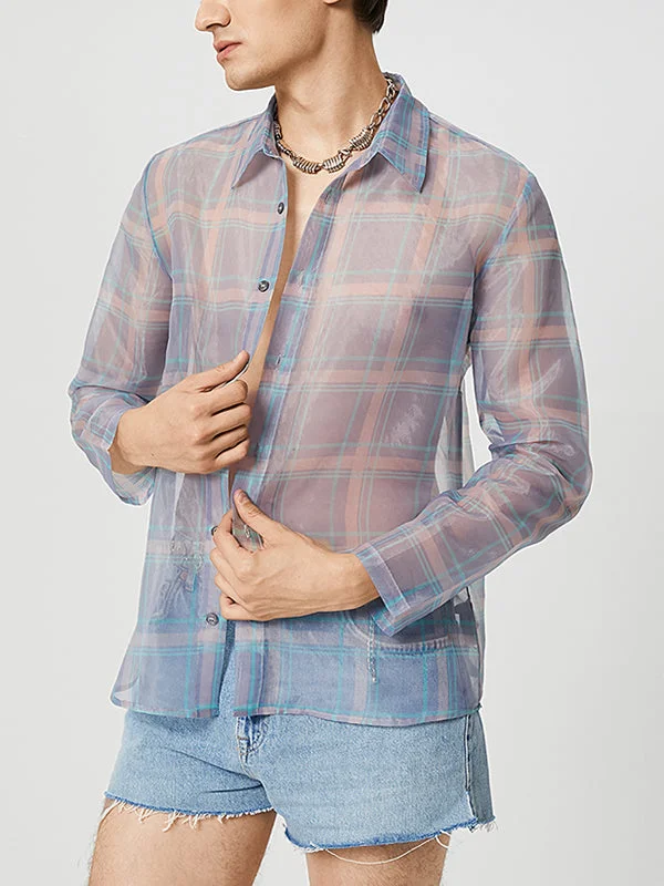 Aonga - Mens Sheer Mesh Plaid Long Sleeve Shirt