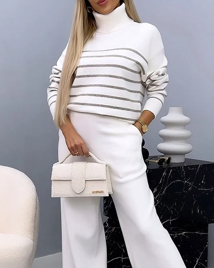 Striped Turtleneck Sweater & Casual Pants Two-piece Set