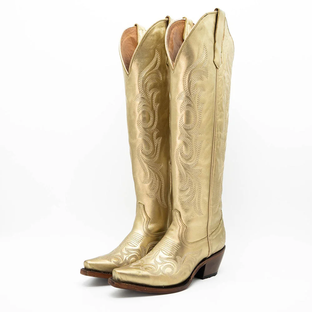 Gold Vegan Leather Pointed Toe Wide Calf Embroidered Cowgirl Boots With Chunky Heels Nicepairs