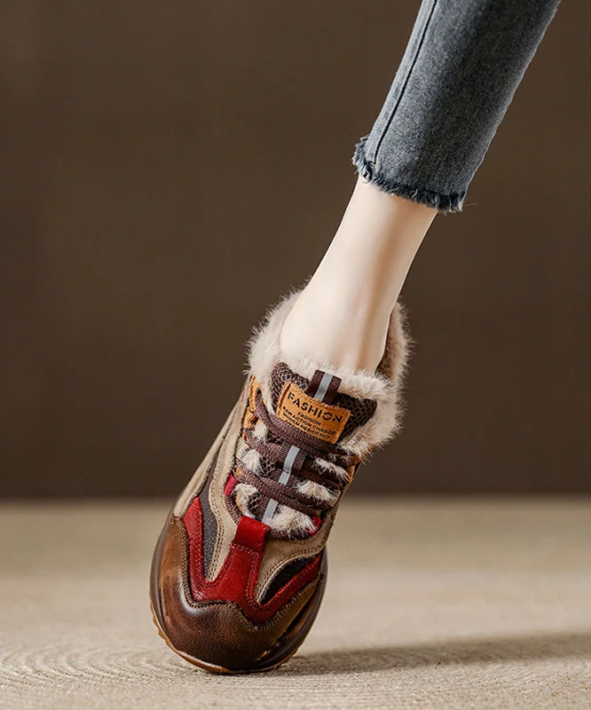 New Splicing Platform Flat Feet Shoes Red Faux Leather Fuzzy Wool Lined