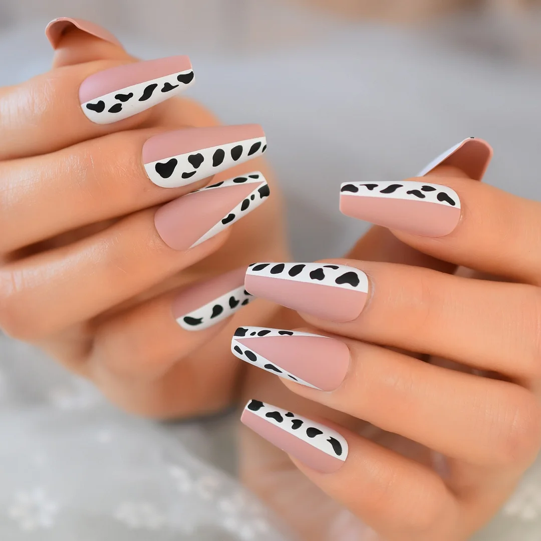 Spotty Dalmatian Tips For Nails Extension Long Fake Ballerina Gel Nail Art White Pink V Pattern Unhas Posticas French