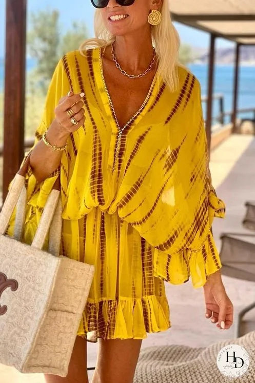 V Neck Batwing Ruffle Sleeves Tie Dye Mini Dress
