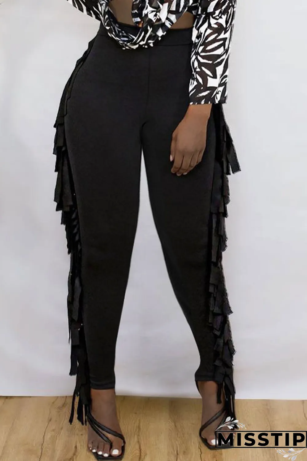 Burgundy Sexy Solid Tassel Skinny High Waist Pencil Solid Color Bottoms