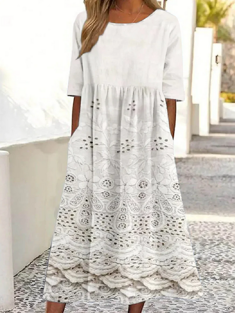 Vintage Lace Floral Print Round Neck Pocket Midi Dress