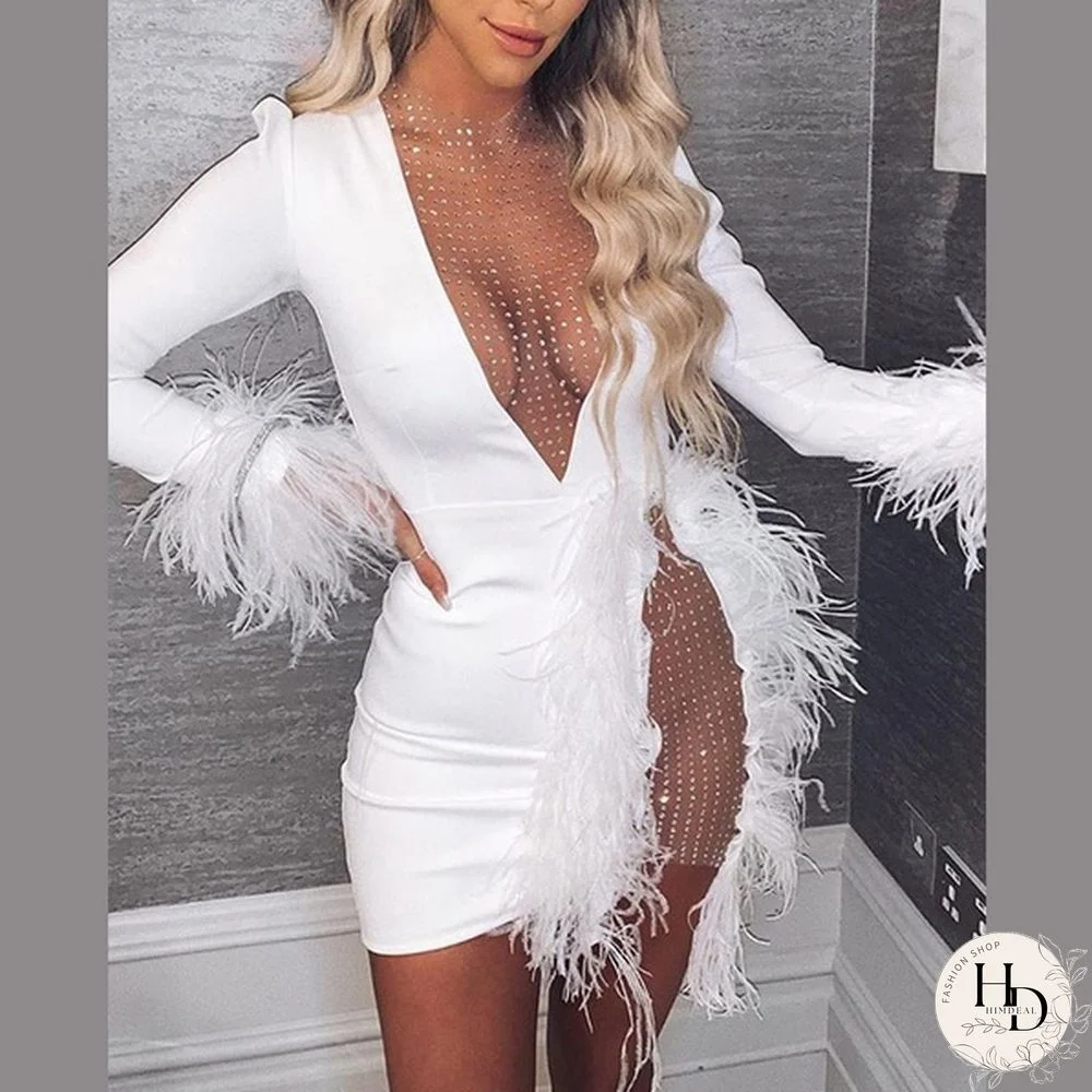 New Women Mesh Night Dress Inserted Embellished Party Dresses White Feather Mini Dress