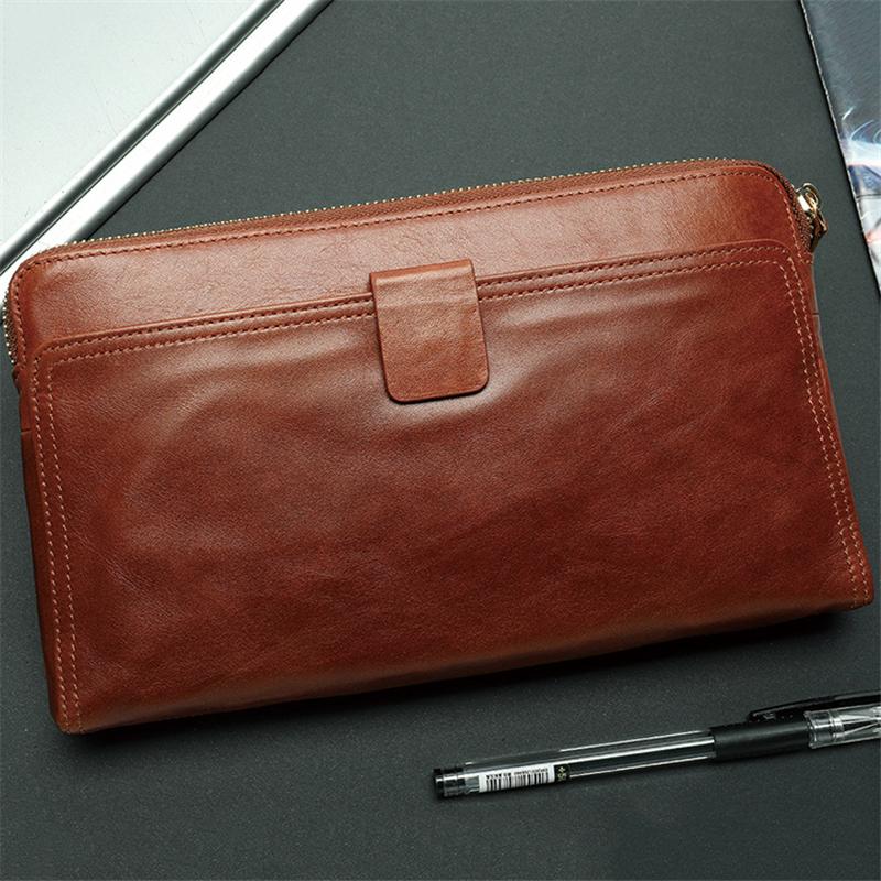 Mens Business Plain Leather Zipper Clutch Bags