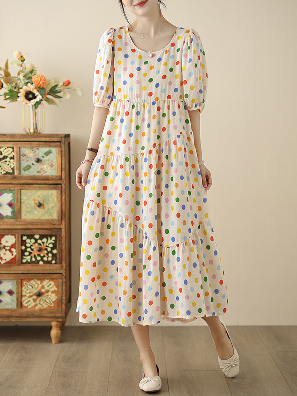 Polka Dot Print Short Puff Sleeve Vintage Cotton Linen Midi Dress