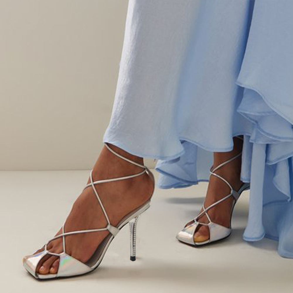 Silver Vegan Leather Square Toe 4'' Stiletto Heel Sandals Nicepairs