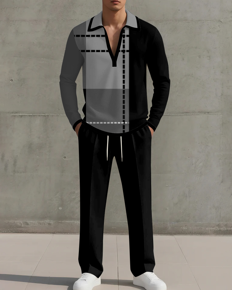 Big & Tall Men's Black And Grey Geometric Print POLO V-Neck Long Sleeve Pants Two-Piece Set