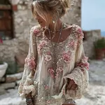 Women's Pink Rose Embroidery Art Round Neck Linen Blend T-shirt - Image 2