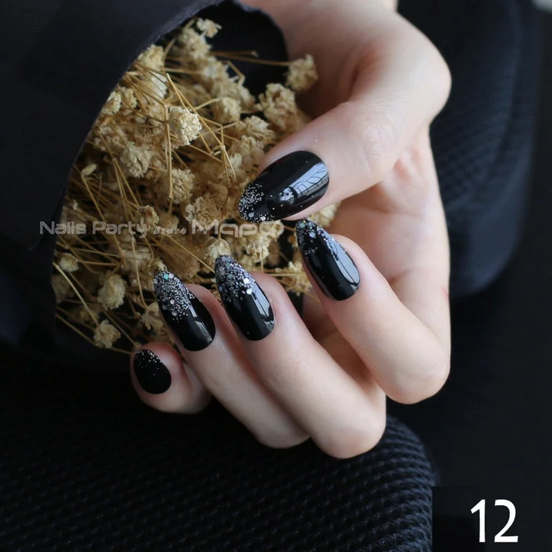 Square rectangular Natural acrylic false nails Ombre Glitter Beige Fake nails Art Golden glitter-Nail Inspo